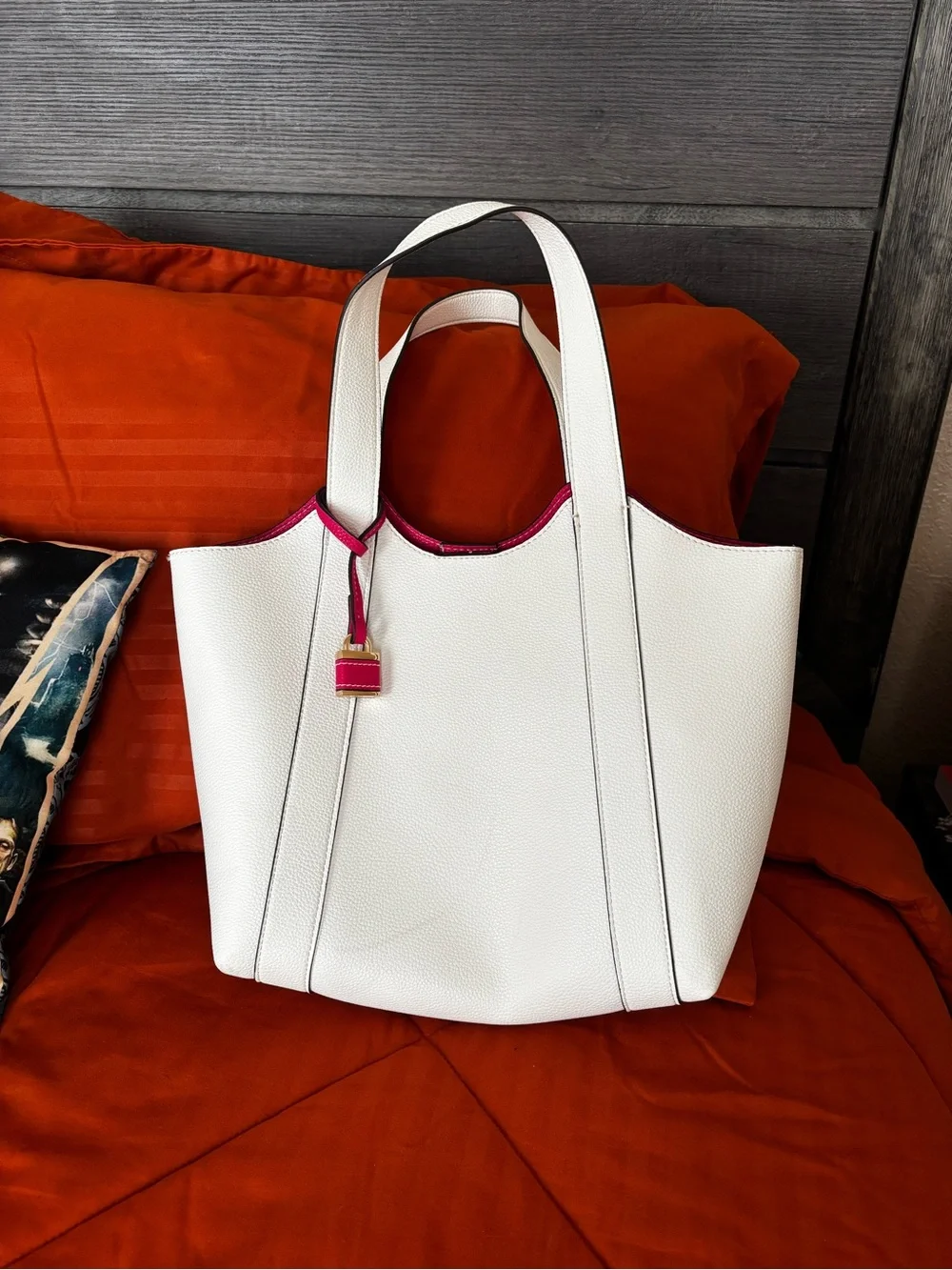 Aldo White Tote with Pink Trim and Charm